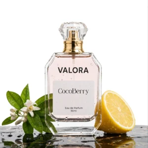 Valora CocoBerry Eau de Parfum 50ml perfume bottle with clear glass design, gold spray cap, citrus lemon, and white blossom on a white background – Date Night Perfume for Women
