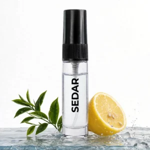 CocoBerry Sedar 5ml tester perfume bottle placed in shallow water next to a fresh half lemon and a sprig of green leaves.