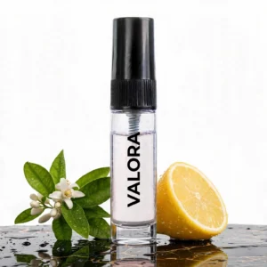 CocoBerry Valora 5ml tester perfume bottle standing on dark wet marble next to a halved lemon and a sprig of white citrus blossoms.